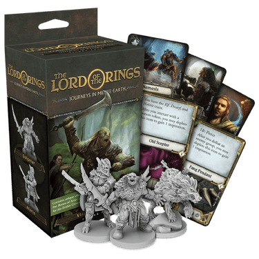 Fantasy Flight Games' Lord of the Rings Villains of Eriador figure pack for Journeys in Middle-earth adventure game displayed in the image.
