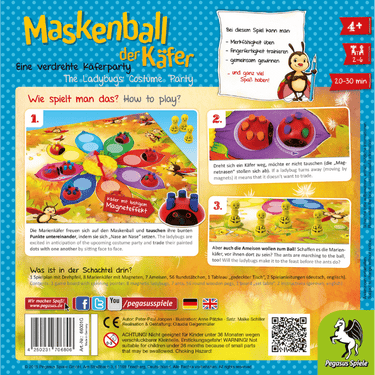 Children's game box for Ladybird’s Costume Party by Pegasus Spiele, featuring colorful ladybird costumes and playful characters.