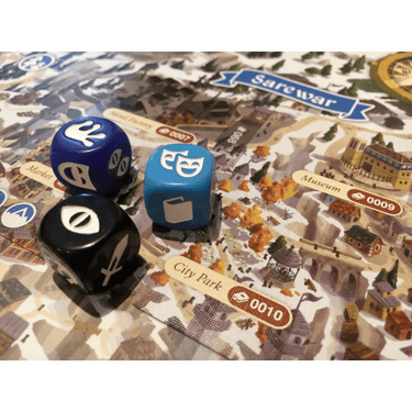 Image of Lands of Galzyr adventure game by Snowdale Design, featuring colorful fantasy map and game components.