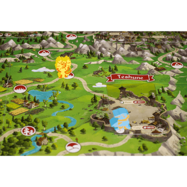 Illustration of Lands of Galzyr adventure game by Snowdale Design, featuring fantasy map elements and colorful artwork.