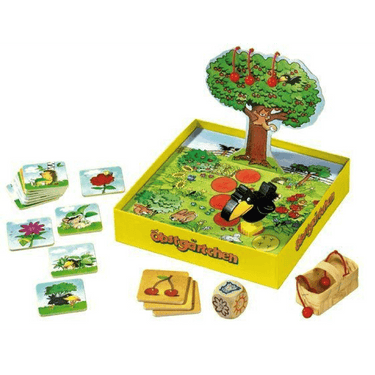 HABA Little Orchard children's game box with colorful fruit illustrations and game components for kids' fun and learning.