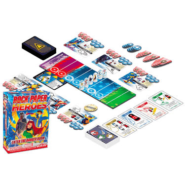 Marvel Rock Paper Heroes Enter the Danger Room party game by Wizkids, featuring colorful Marvel characters and game components.