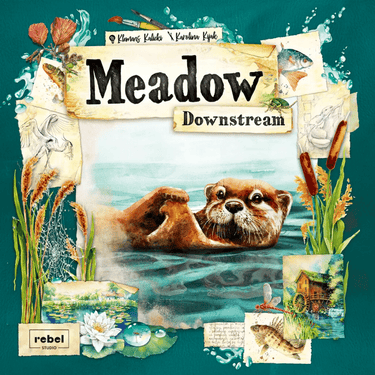 Family game Meadow: Downstream by Rebel Studio featuring colorful illustrated meadow scene and game components.