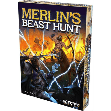 WizKids Merlin's Beast Hunt strategy game box showing colorful game components and artwork for immersive gameplay.