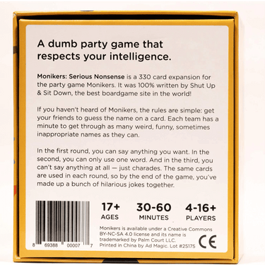 Card game Monikers: Serious Nonsense by CMYK, featuring colorful game cards and playful artwork for party fun.