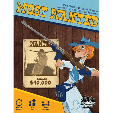 North Star Games Most Wanted party game box showing colorful card designs and game components on a table.