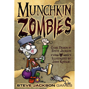 Munchkin Zombies party game by Steve Jackson Games featuring cartoon zombie characters and game components on a table.