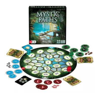 Mystic Paths party game by R&R Games featuring colorful game pieces and mystical themed game board for social fun.