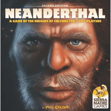 Neanderthal second edition strategy game by Sierra Madre Games, showing a game board with prehistoric-themed pieces and artwork.