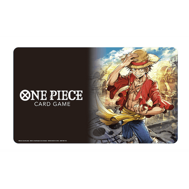 Bandai One Piece trading card game playmat and storage box set featuring Monkey D. Luffy with colorful design and card organization areas.