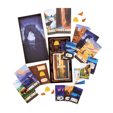 Keymaster Games PARKS Nightfall family game expansion featuring vibrant artwork and outdoor adventure scenes.