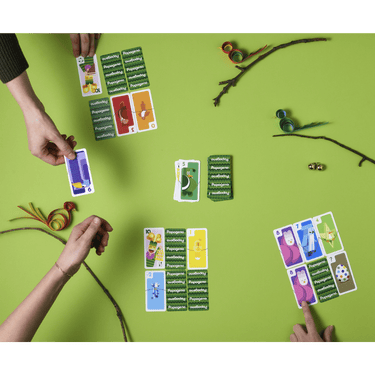 Helvetiq Papageno family game box with colorful artwork and game components laid out on a table.