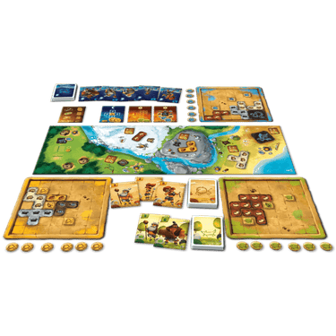 Family game box cover for Prehistories by The Flying Games, featuring colorful prehistoric scene and game components.