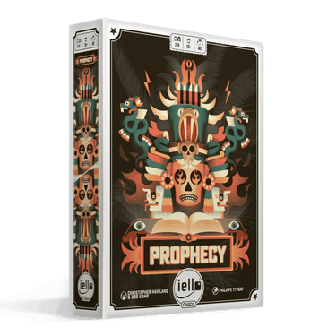 Family game Prophecy by IELLO featuring colorful fantasy-themed artwork and game components laid out on a table.