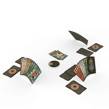 Family game Prophecy by IELLO featuring colorful cards and mystical symbols on a game board for strategic play.