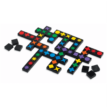 Colorful Qwirkle abstract game pieces arranged in a grid, featuring wooden tiles with various shapes and colors by MindWare.