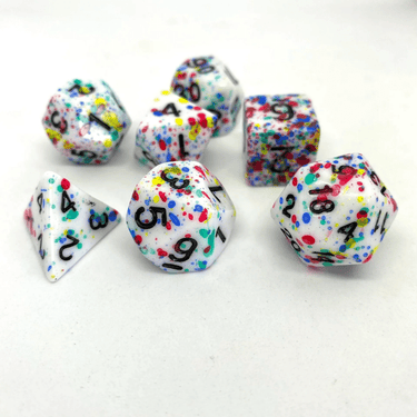 Colorful RPG dice set from Dice 4 Friends, featuring vibrant polyhedral d20, d12, d10, d8, d6, and d4 for tabletop gaming.