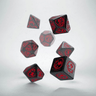 Black and red dragon-themed dice set by Q Workshop, featuring RPG dice with intricate dragon design for tabletop gaming.