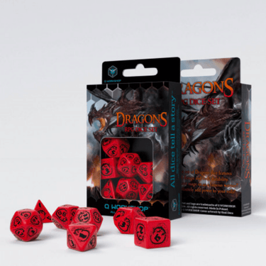 Red and black dragon-themed dice set by Q Workshop, featuring multiple RPG dice for tabletop gaming.