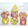 Citrine Rose Galaxy Dice Set by Dice 4 Friends featuring vibrant, shimmering RPG dice for tabletop gaming and role-playing games.