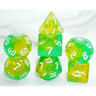 Yellow Opalite Galaxy dice set from Dice 4 Friends featuring vibrant, cosmic-themed polyhedral dice for tabletop RPG games.