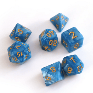 Pearl dice set featuring azure and gold colors from Dice 4 Friends, including various polyhedral dice for tabletop RPGs.