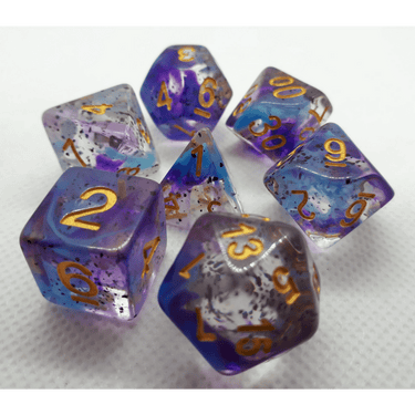 Violet sulfur confetti dice set by Dice 4 Friends with multicolored speckled design for tabletop RPG gaming.
