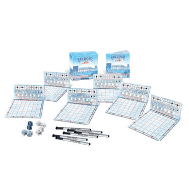 Railroad Ink Deep Blue Edition family game box featuring colorful game components and illustrations on a blue background.