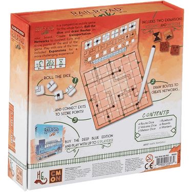 Railroad Ink: Blazing Red Edition family game box with colorful game components and artwork, designed by Horrible Guild.