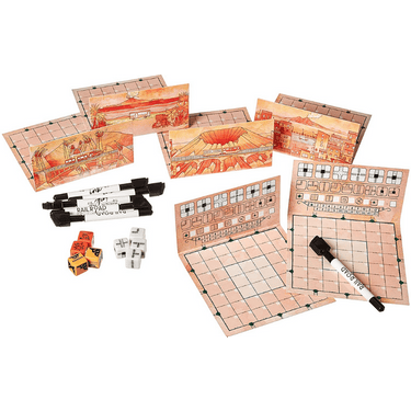 Railroad Ink Blazing Red Edition family game by Horrible Guild showing colorful game board with red and black ink designs.
