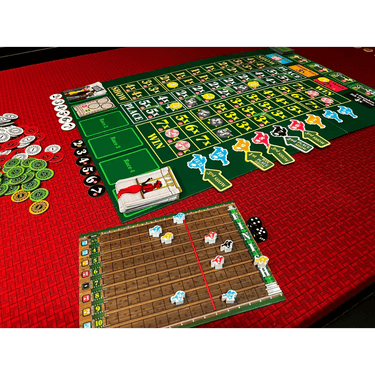Ready Set Bet party game by Alderac Entertainment Group featuring colorful game cards and betting chips on a table.