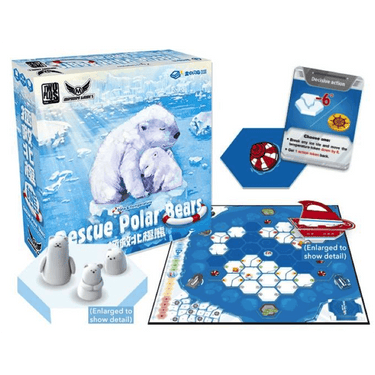 Family game Rescue Polar Bears by Mayday Games featuring colorful polar bear characters and data temperature charts on the game box.
