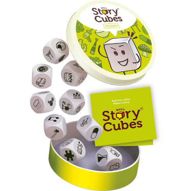 Rory's Story Cubes Eco Blister Voyages party game by Zygomatic featuring colorful cubes with voyage-themed images for storytelling.