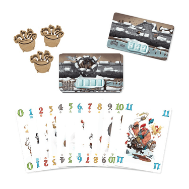 Family game board for Schotten Totten 2 by IELLO, featuring colorful stones and card slots on a wooden table.