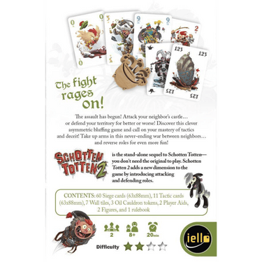 Family strategy game Schotten Totten 2 by IELLO, featuring colorful game cards and tokens on a playing surface.