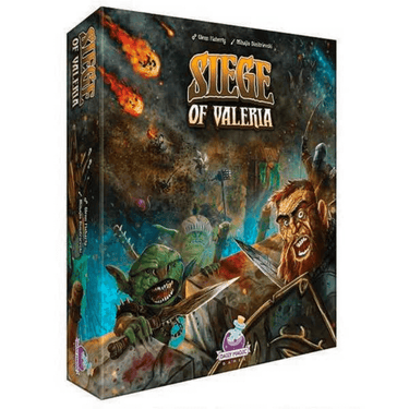 Family strategy game Siege of Valeria by Daily Magic Games, featuring colorful game components and a vibrant game board.