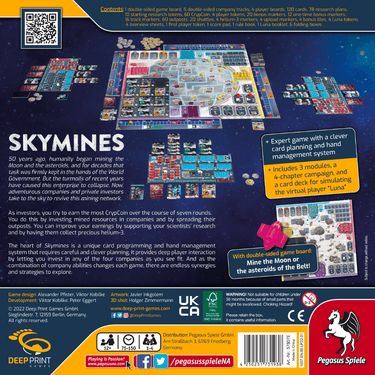 Skymines strategy game by Pegasus Spiele featuring colorful space-themed artwork and game components on a table.