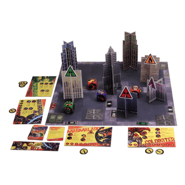 WizKids Smash City family game box with colorful cityscape illustration and game components on a table.