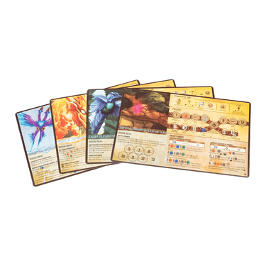 Premium foil spirit panels for Spirit Island: Feather and Flame strategy game by Greater Than Games, featuring detailed artwork.