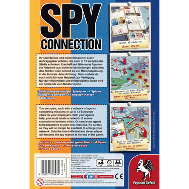 Family game Spy Connection by Pegasus Spiele showing colorful game board and spy-themed game pieces on a table.
