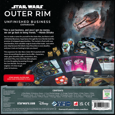 Star Wars: Outer Rim Unfinished Business strategy game by Fantasy Flight Games, featuring game components and artwork on the box.
