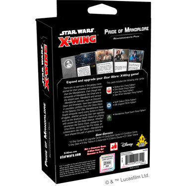 Star Wars X-Wing Pride of Mandalore card pack for War Games by Atomic Mass Games, featuring game cards and artwork.