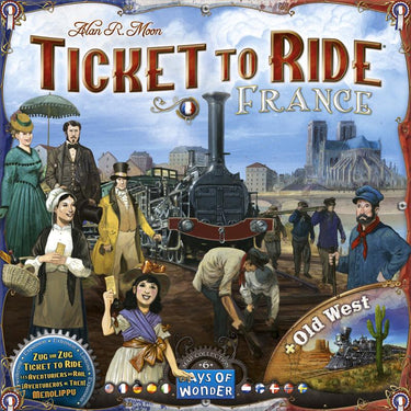 Ticket to Ride Map Collection 6: France & Old West board game by Days of Wonder, featuring colorful map artwork and game pieces.