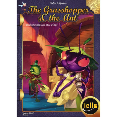 Children's game titled Tales & Games: The Grasshopper & the Ant by IELLO featuring colorful game components and illustrated characters.