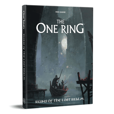 Illustration of "The One Ring RPG: Ruins of the Lost Realm" box featuring fantasy artwork and game components by Free League.