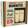 Exploding Kittens Throw Throw Burrito party game featuring colorful plush burritos and game cards on a wooden table setup.