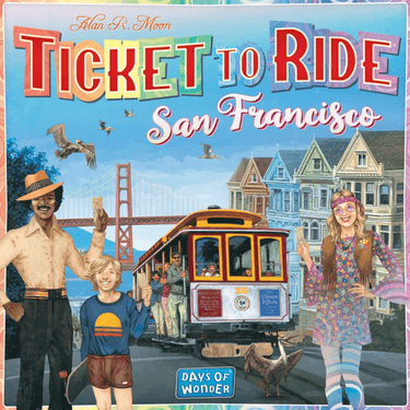 Ticket to Ride San Francisco family game by Days of Wonder, showing colorful game board with city map and train routes.