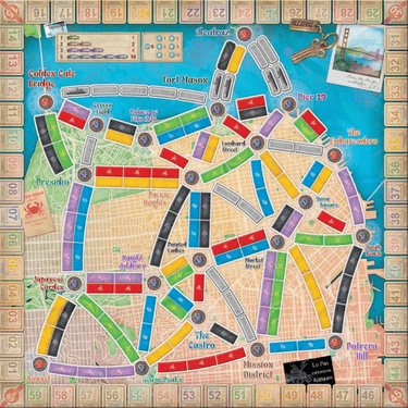 Ticket to Ride San Francisco family game by Days of Wonder featuring colorful game board and city landmarks.
