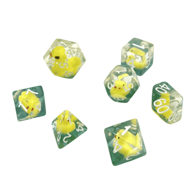 Colorful treasure dice set featuring duck-shaped dice from Dice 4 Friends, perfect for tabletop role-playing games and gaming fun.