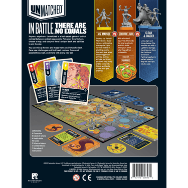 Unmatched: Teen Spirit family game by IELLO featuring colorful game components and character cards on a game table.
